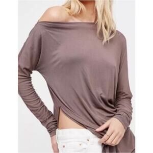 Free‎ People Off The Shoulder Luna Long Sleeve Tee Shirt Tunic Brown medium